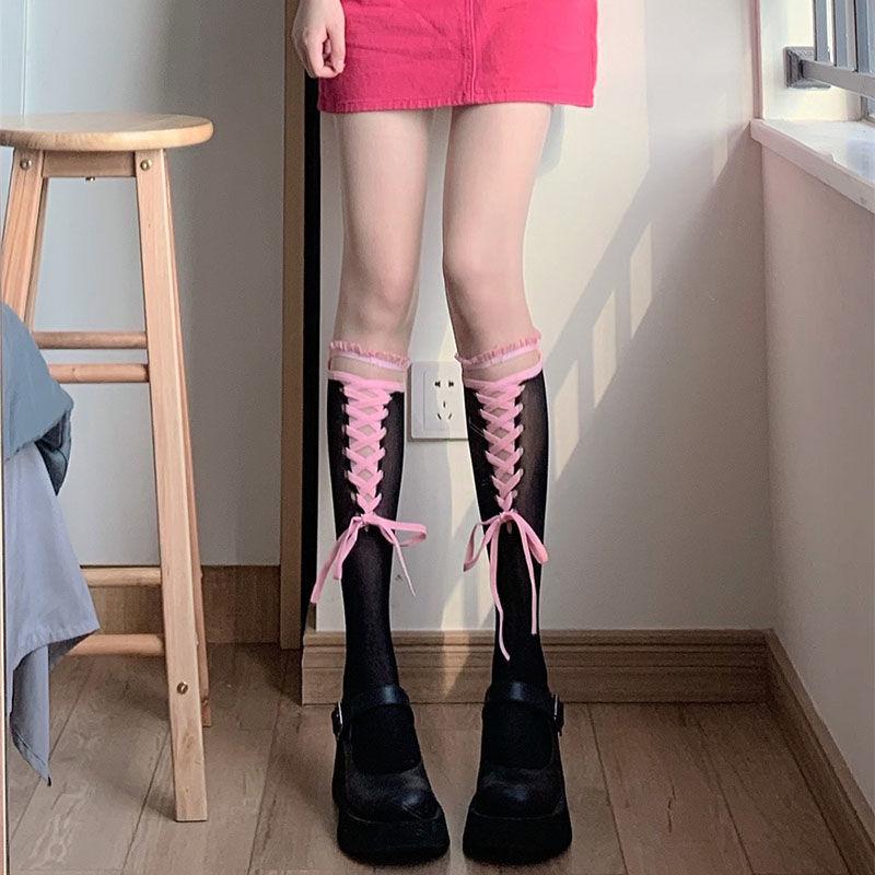 

Полые гольфы JK с перекрестной шнуровкой | Милые Y2K гольфы с контрастным кружевом и оборками до колена - Гольфы с ремешками-подвязками для женщин