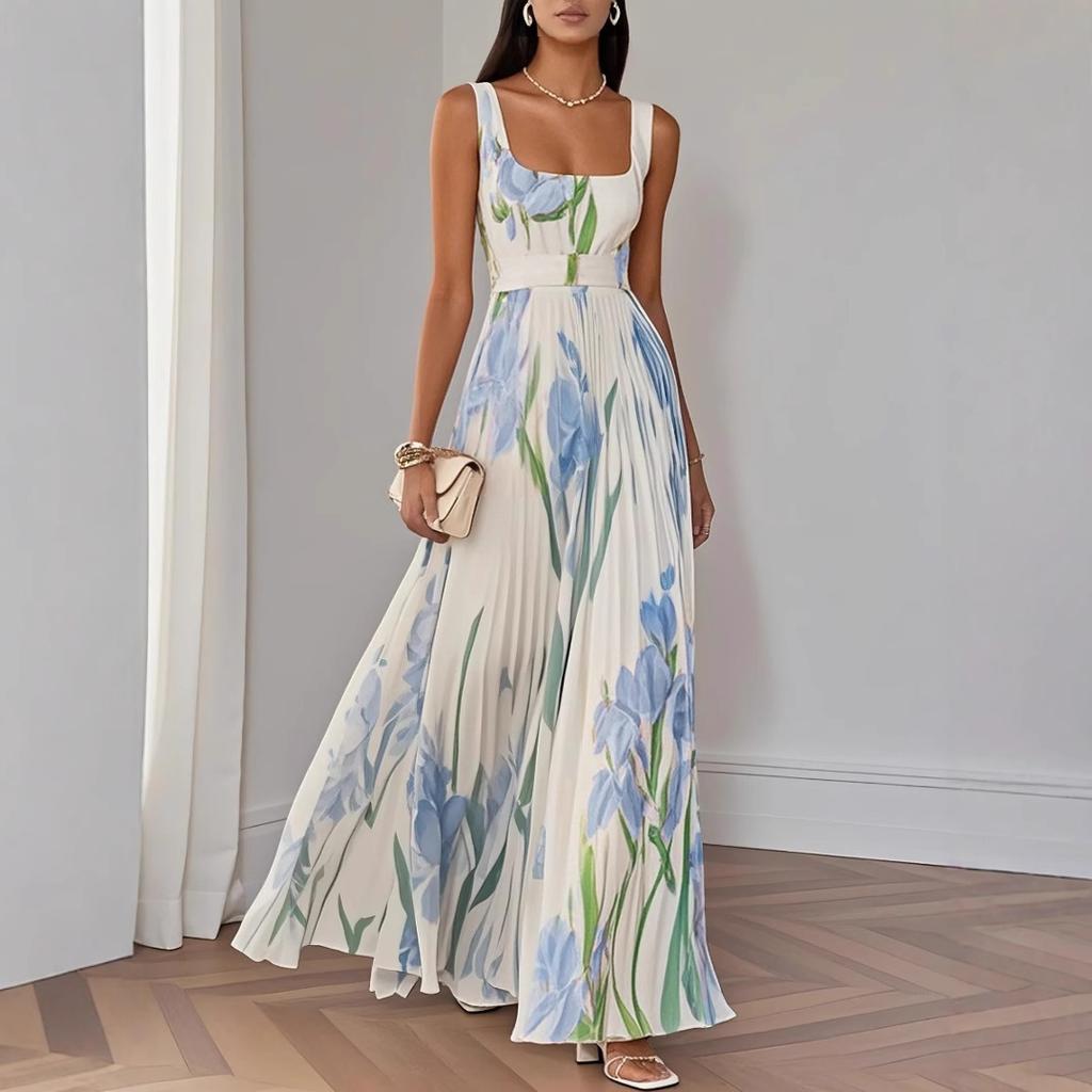 Women's Square Neck Sleeveless Floral Print Pleated Maxi Dress Elegant Backless A Line Long Dress For Wedding Guest Party Summer