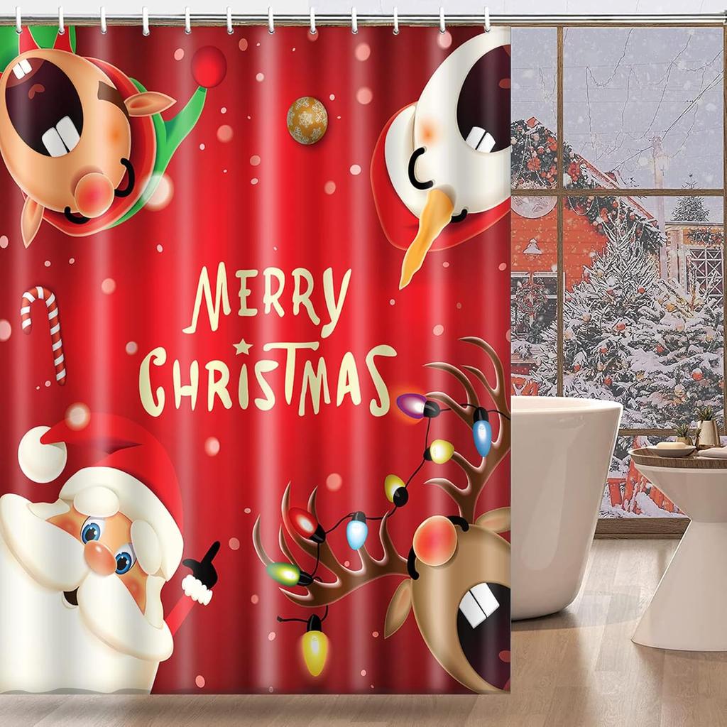 Christmas Snowman Shower Curtain for Bathroom, Funny Cartoon Santa Claus Elf Reindeer Polyester Red Fabric Shower Curtain