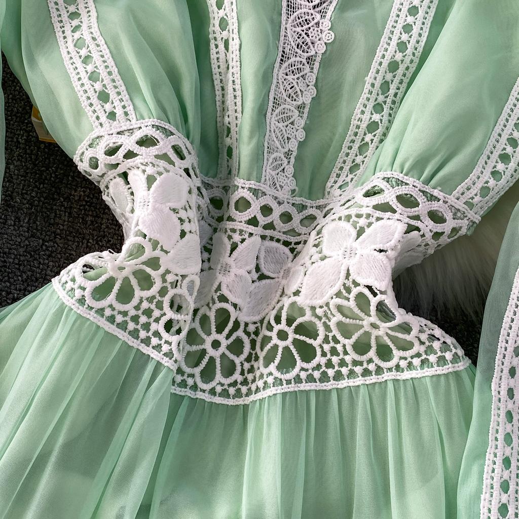 Vestidos de Noite de Baile de Outono de Designer de Luxo Vazados Bordados Para Mulheres Renda Patchwork Decote em V Manga Longa Lanterna Maxi Robe