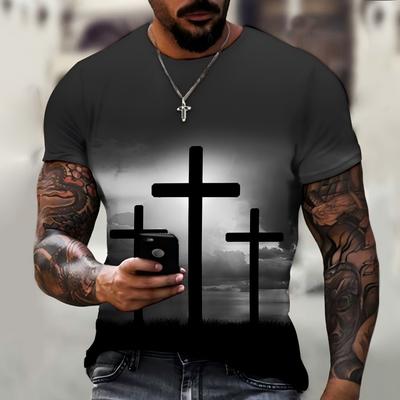 Men's Summer 3D Digital Printed Cross Round Neck Short Sleeved T-shirt