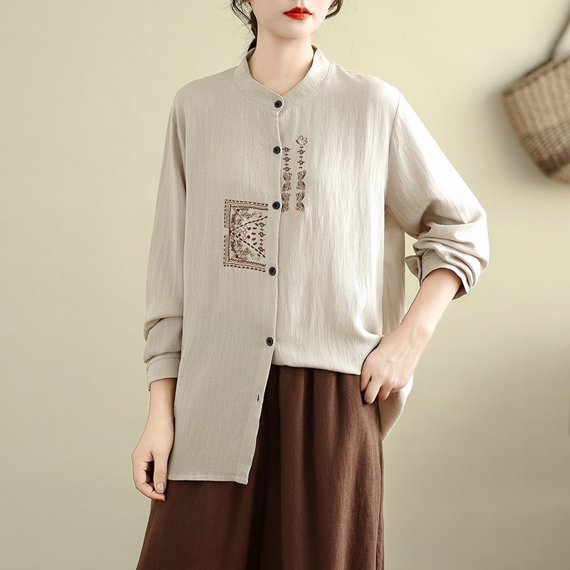 Bavlněná a lněná retro čínská vyšívaná košile s dlouhým rukávem jaro podzim nová volná ležérní všestranná top
