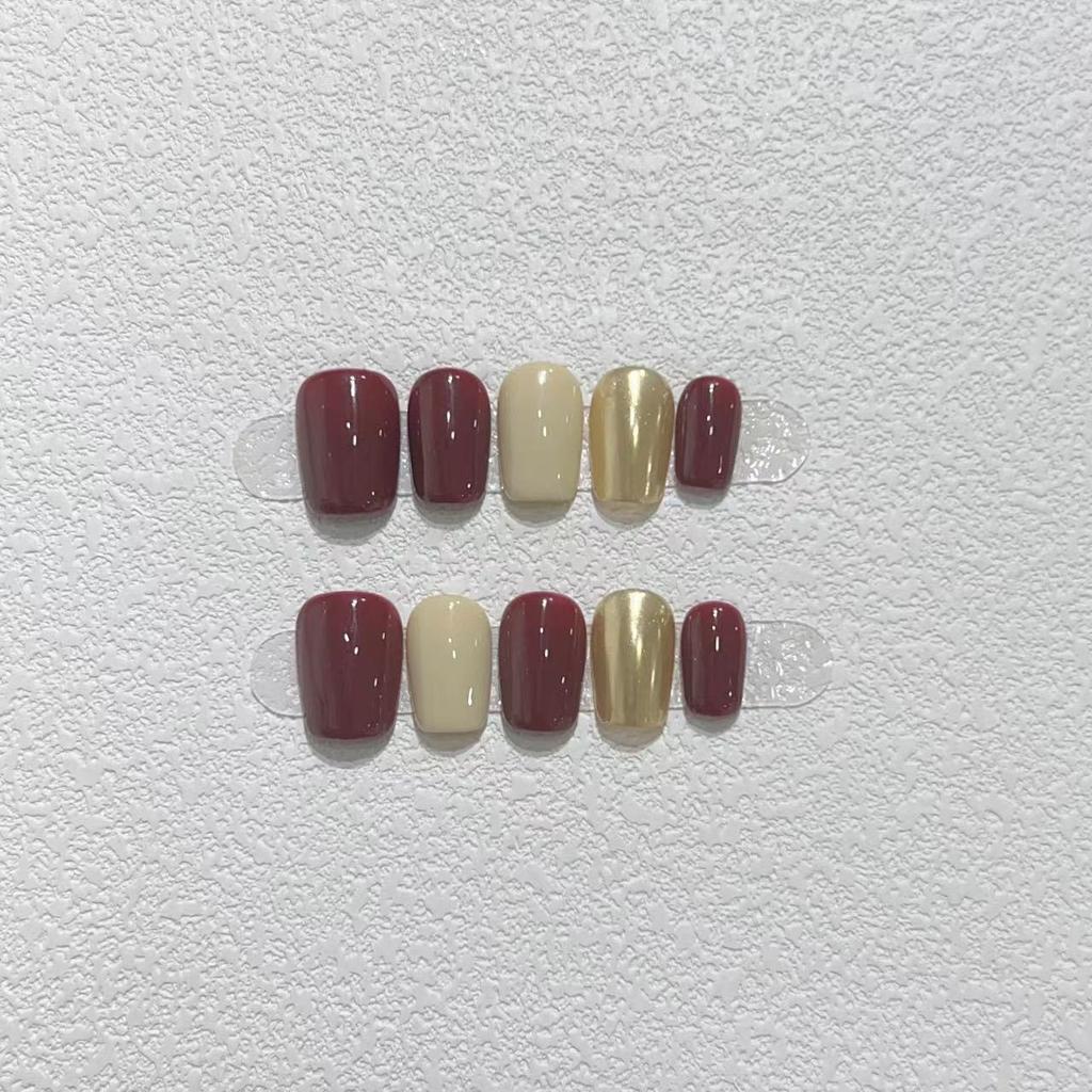 New Year's Manicure Pure Hand-wearing Nail Pieces Handmade High-end Simple Wine Red Jumping Magic Mirror Can Be Detached