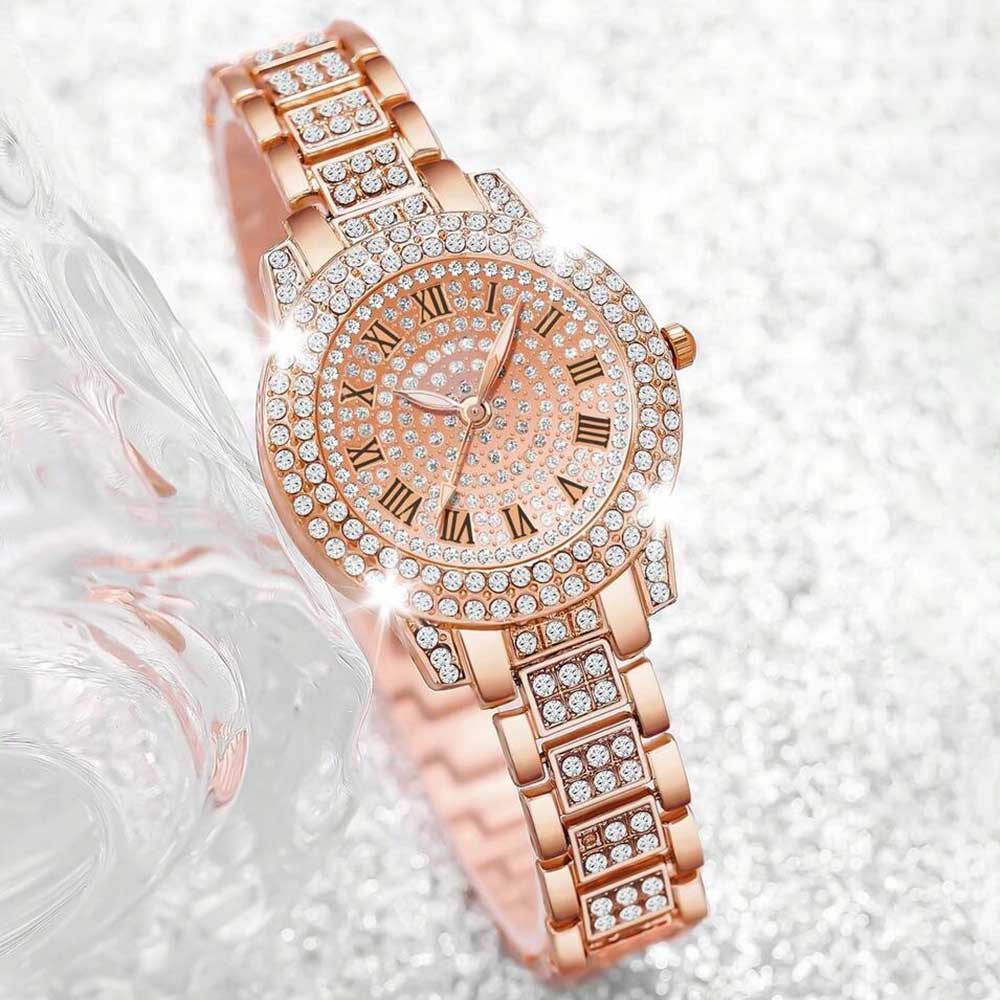 4-teiliges Luxus-Damenuhr-Set Trendige Mode mit Strasssteinen Römischen Ziffern Rundes Zifferblatt Quarz Uhr Armband-Set Perfektes Geschenk