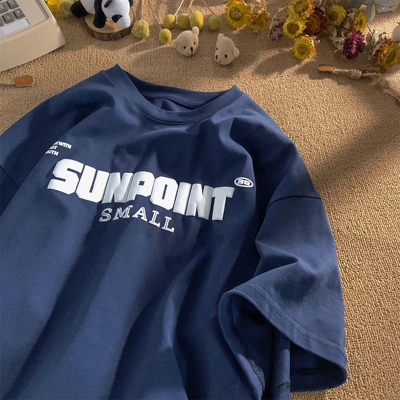 

Мужская ретро уличная футболка из тяжелого хлопка свободного кроя на лето L темно-синий