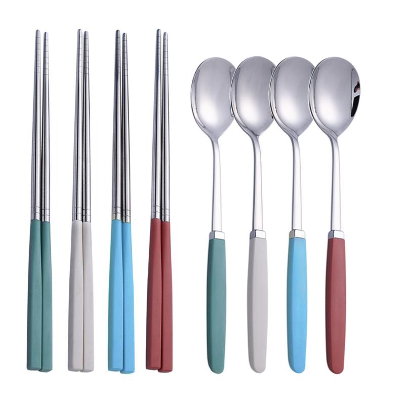 8Pcs Korean Dishware Collection Premium Silverware Collection 304 Stainless-steel Meal Collection Colors Spoon Dinnerware Spoon Chopsticks Silverware