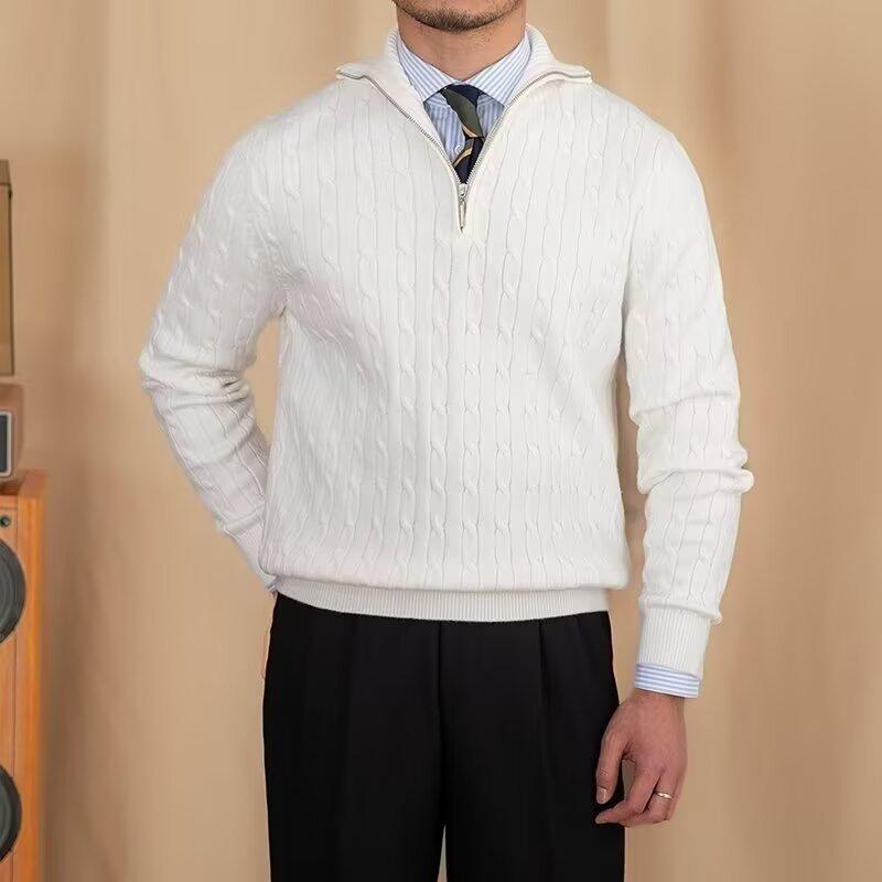 Men's Trendy Casual Slim Fit Cable Knit Half-Zip Sweater with Stand Collar for Autumn and Winter
