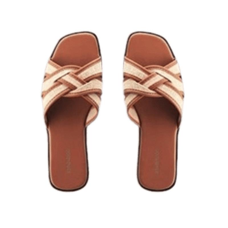 Casual square head color matching cross-strapped straw-woven flat-bottomed cool slippers