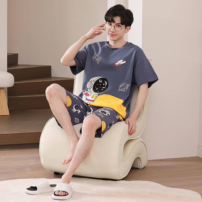 Sommer-Pyjama-Set für Herren mit süßem Cartoon-Print, Kurzarm-Oberteile und Shorts, Nachtwäsche, Loungewear, Studenten, zweiteilig, Nachtwäsche für Jugendliche und Jungen, Homewear für Männer