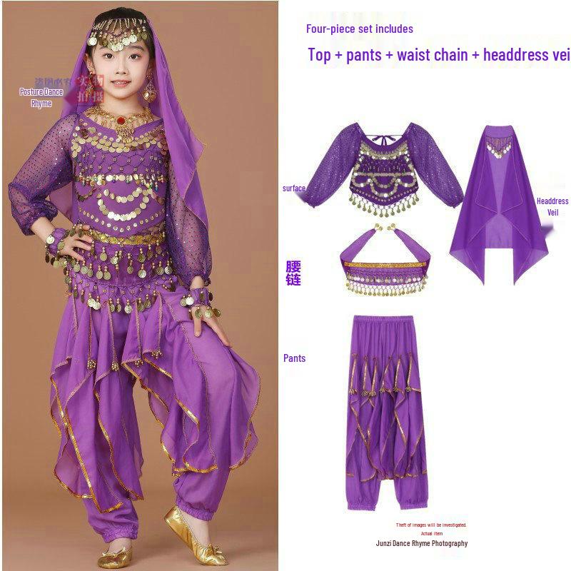 Costume da Danza Indiana per Bambini: Costume per Esibizione di Danza del Ventre e Minoranze dello Xinjiang per Bambina