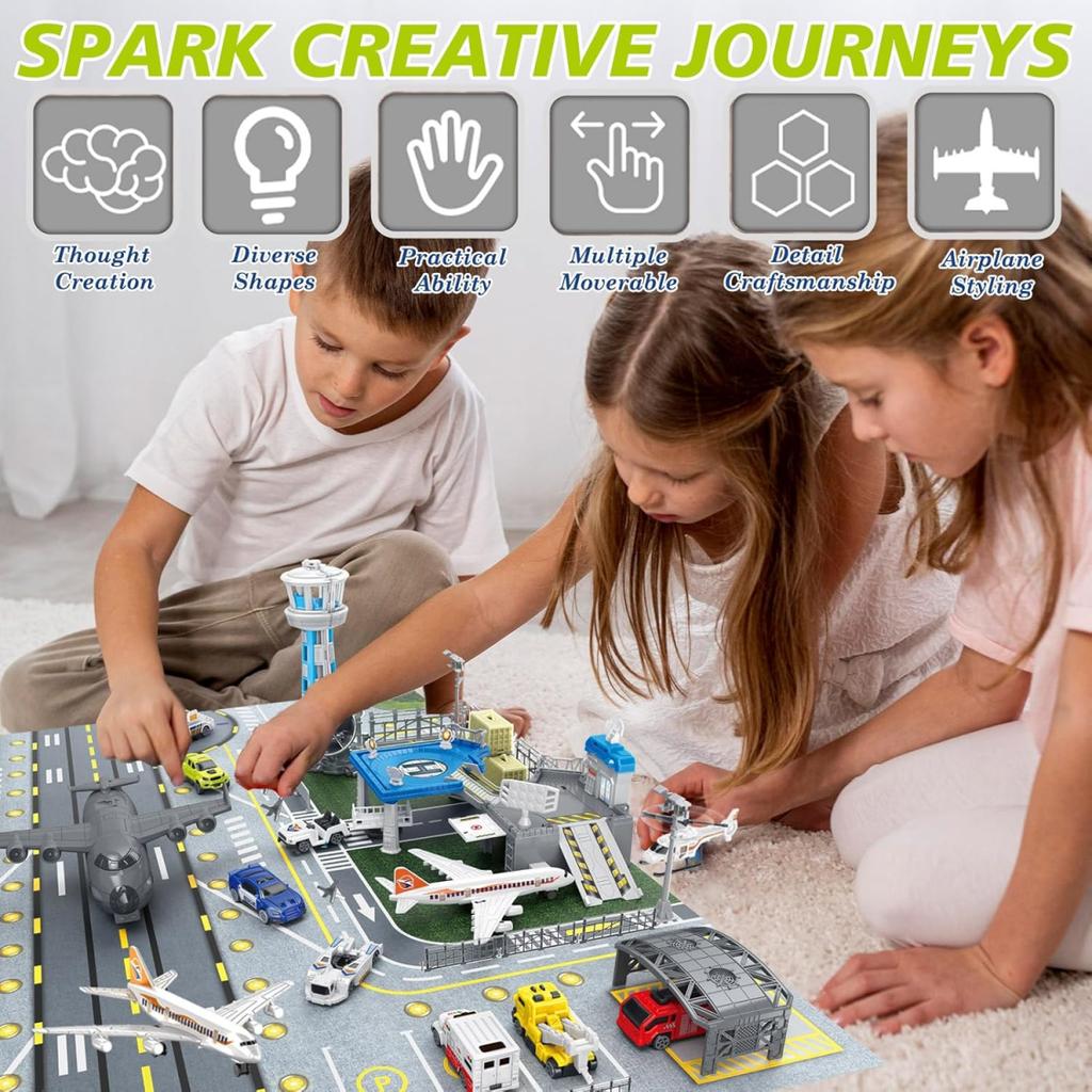Children's Airport Scene Toy Set with Map, Control Tower, Parking Shed, Containers, Transport Aircraft, Passenger Planes, and Other Vehicles. Suitable