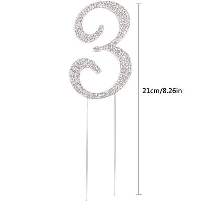Número 3 Pedrería Plateada 3" Adorno para Tarta de Cristal Adorno para Tarta de Cumpleaños Niño o Niña Fiesta de Cumpleaños Aniversario Suministro de Decoración