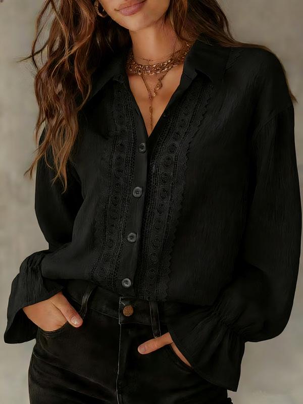 Camisa Versátil de Color Sólido con Botones, Encaje, Manga Larga y Solapa para Mujer 2026