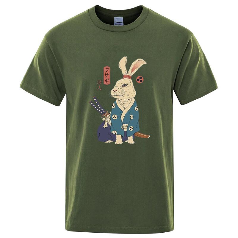 Cotton Blend Short Sleeve Tee Japanese Ukiyoe Samurai Rabbit Print Casual Streetwear Unisex Summer Top Gift For Lovers Unisexunisex