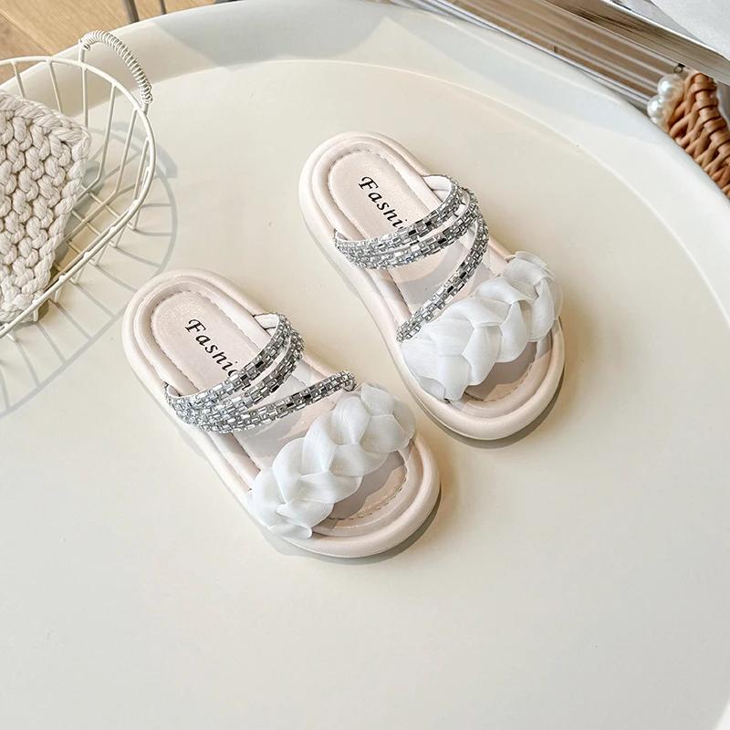 

Сандалии принцессы для девочек, летние тапочки для детей с милыми плиссированными детскими модными универсальными сандалиями для отпуска, мягкая подошва 27