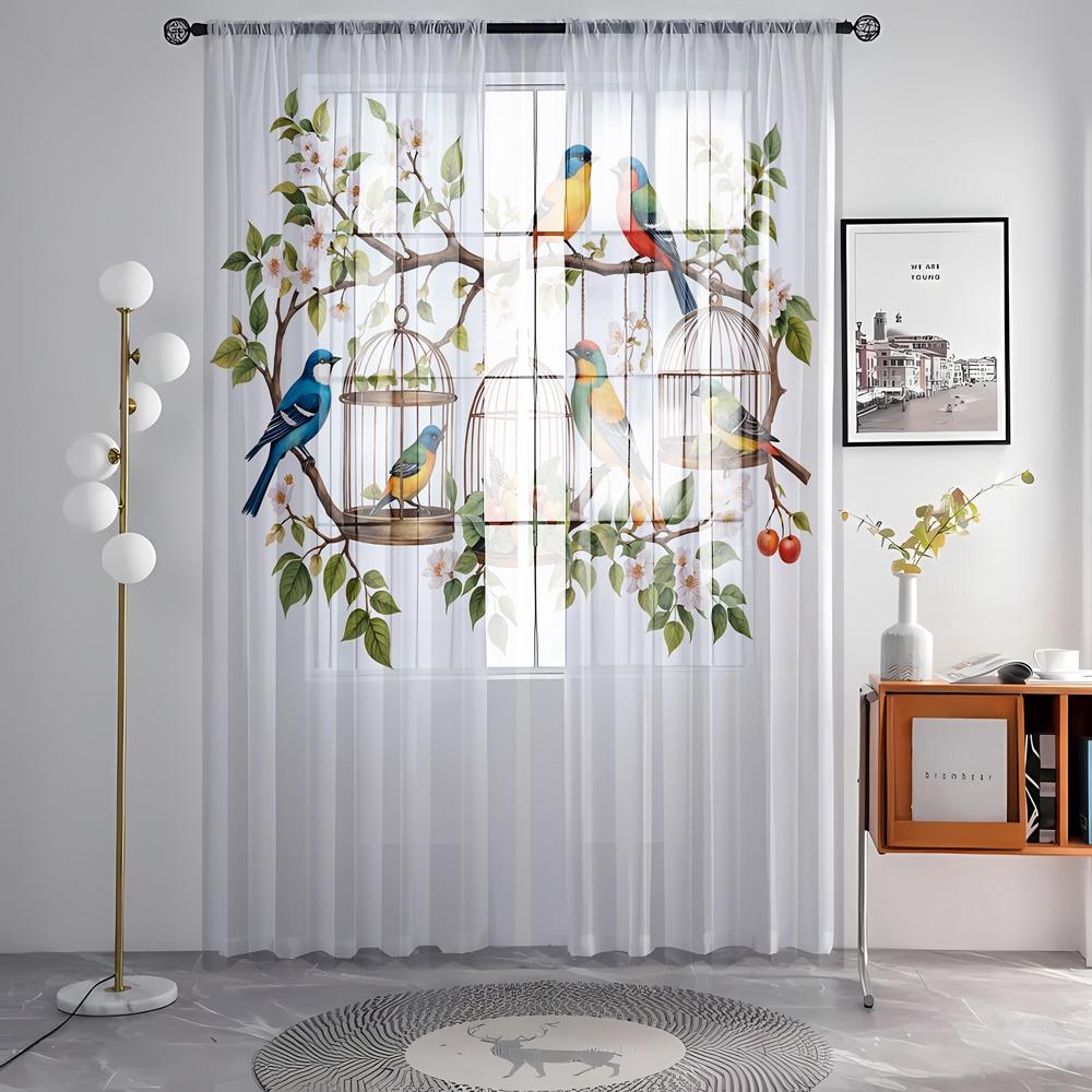 2 Pieces HD Digital Seven Color Bird Flower Figure Printed Window Valance Home Decorating Style Decorative Living Room Bedroom R