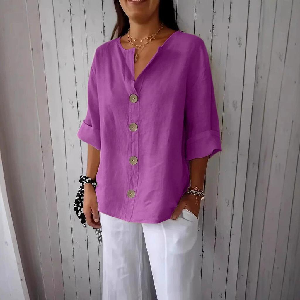 T-shirt Estiva da Donna 2025 Europea & Americana Scollo a V Larga Bottoni Cotone Lino