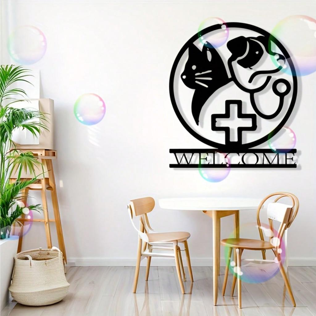 Vintage Vet Clinic Metal Wall Art Iron Pet Decor with Cat Dog Silhouette Welcome Sign Black White Plaque Mounting Kit