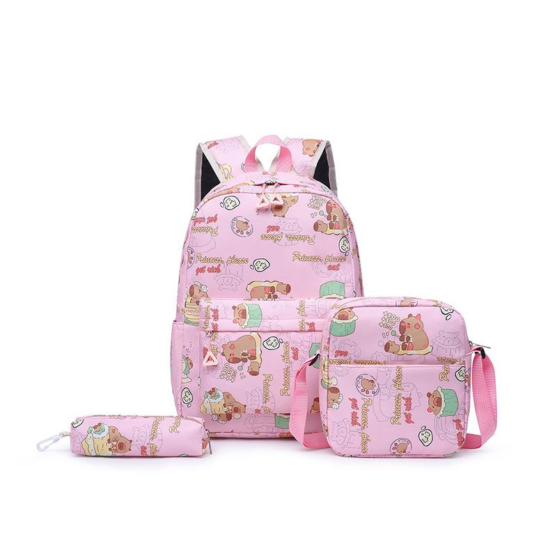 

3 шт. Прочный рюкзак-капибара большой вместимости, полиэстер, устойчивый к пятнам, школьный рюкзак, милый мультяшный студенческий школьный портфель, подарки розовый