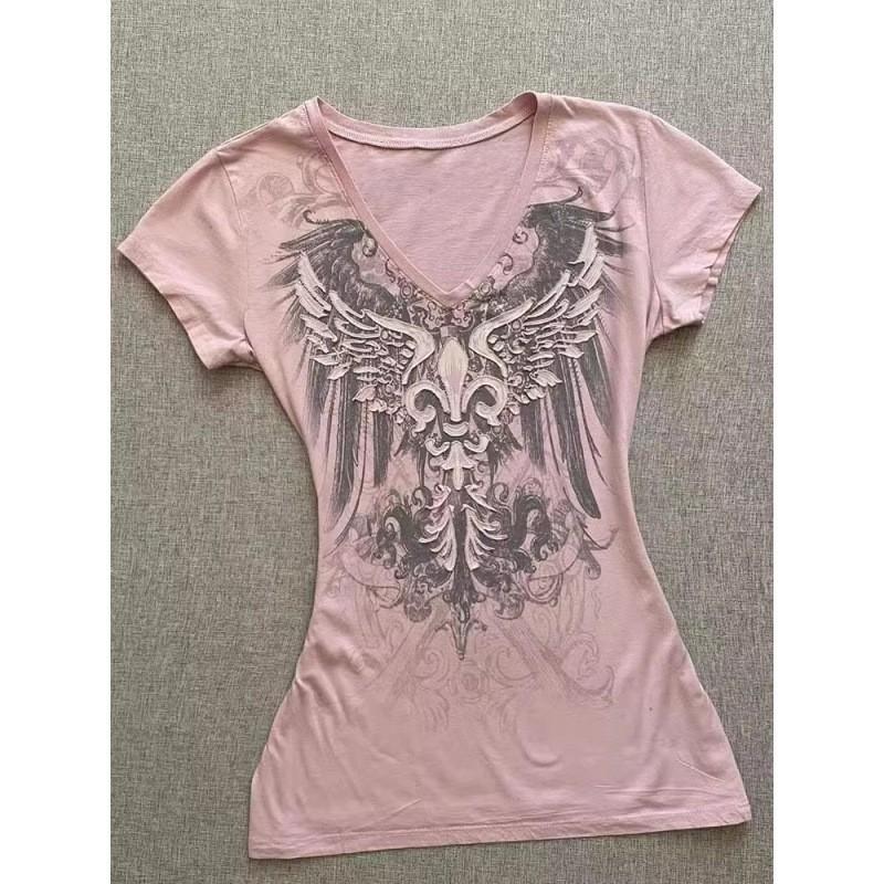 

Американская ретро винтажная футболка с V-образным вырезом и короткими рукавами для женщин, приталенный топ, облегающий талию S