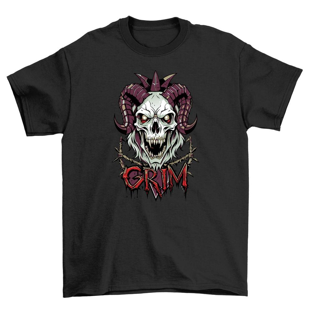 Gothic_43 Skull Horns Tee - Darkly Funny! 100% Cotton, Unisex Printed Design. Em