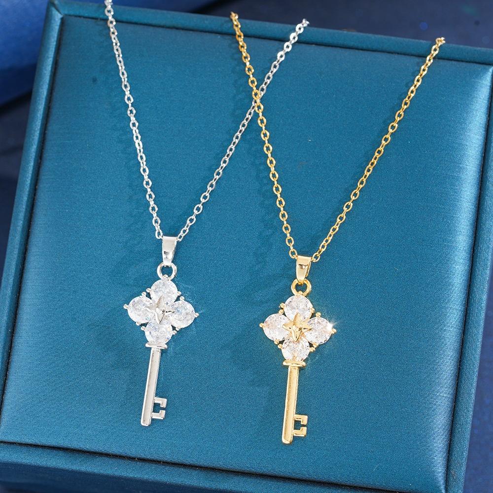 Stainless Steel Waterproof Gold Silver Color Zircon Key Pendant Necklace for Women Fashion Exquisite Clavicle Chain Jewelry