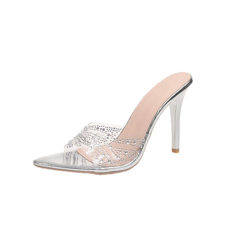 High heels cool slippers women's summer new pointed one-letter PVC hot diamond large size high-end outer wear