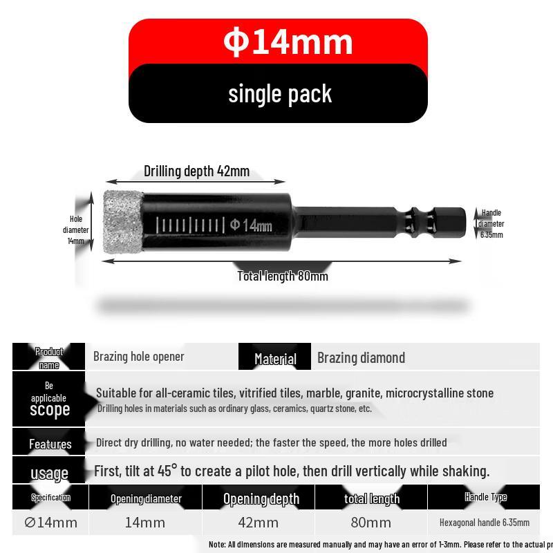 Hex Shank Hole Drill Bit for Glass, Marble, Ceramic, and Porcelain Tiles - Dry Use