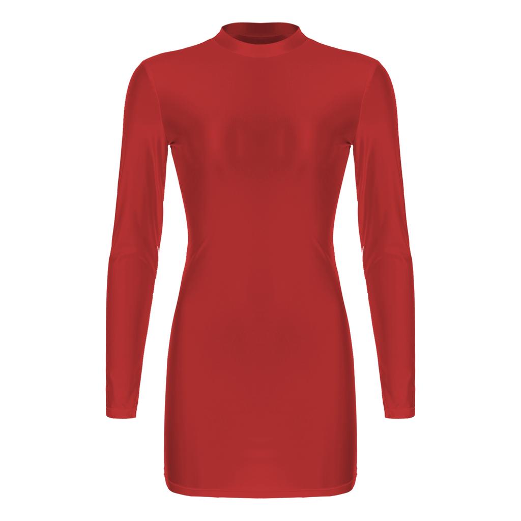 Womens Glossy Long Sleeve Bodycon Dress Mock Neck Solid Color Stretchy Fabric Tight Fitting Nightwear Evening Gown