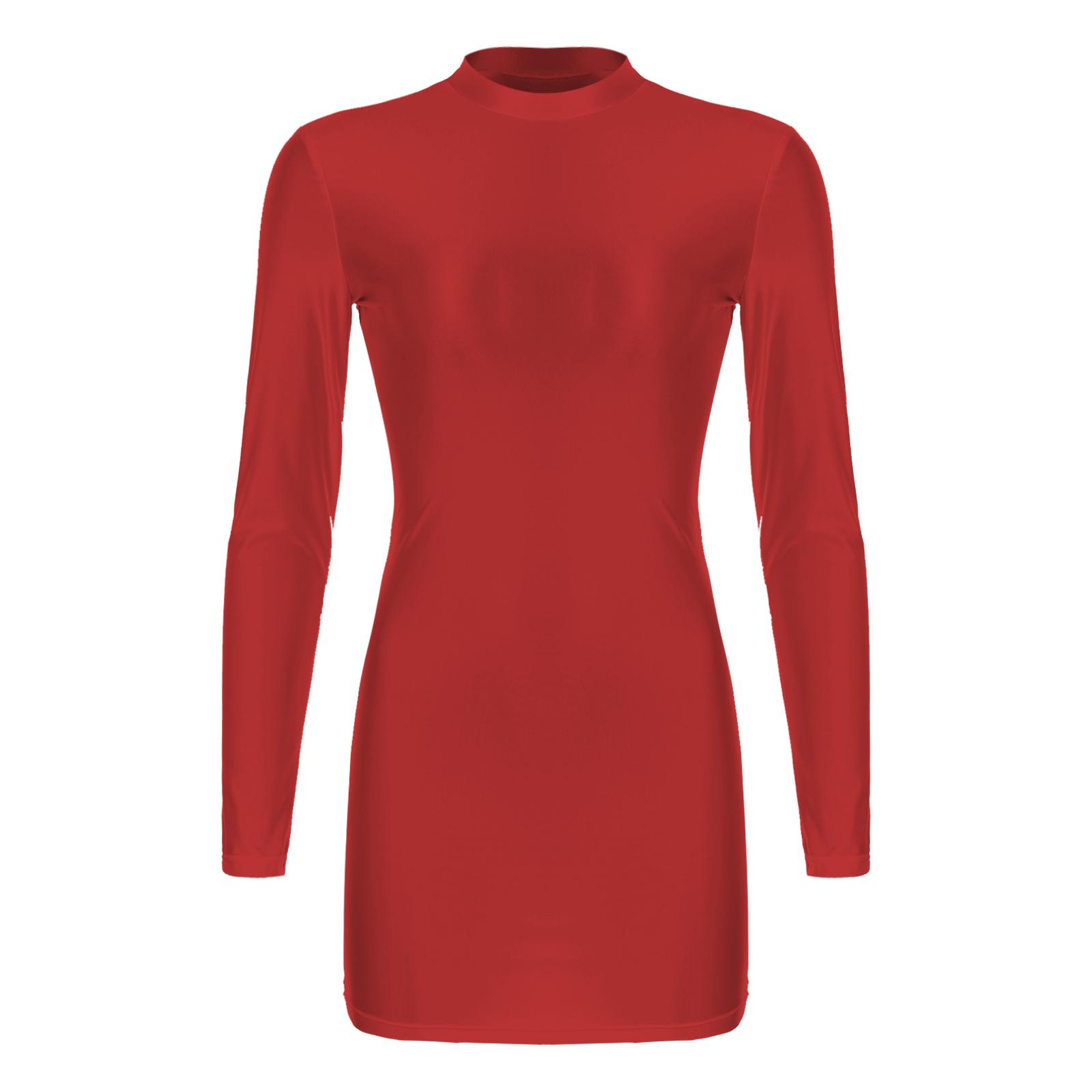 

Жіноча глянцева сукня бодікон з довгим рукавом, з коміром-стійкою, однотонна, з еластичної тканини, облягаюча, нічний одяг, вечірня сукня L бордовий