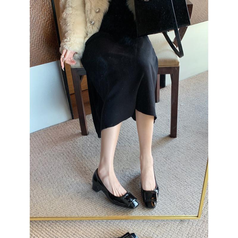 

~ _ classic square buckle commuter thick heel gentle wind square head elegant temperament high heel shoes spring 35 чёрный