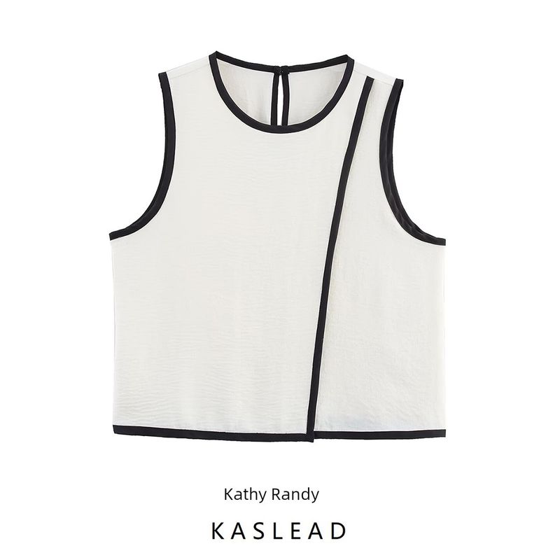 Kaslead New Women clothes Western Style Fashion Contrast Color Trim Crepe Top 1971059