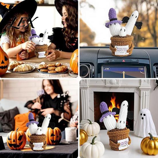 Adorable Holiday Party Favor Hand Knitted Halloween Ghost Ornament, Crochet Plush Doll with Tactile Comfort Sensory Toy Encouragement Card,