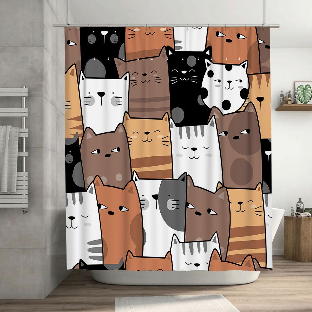 Whimsical Cats Shower Curtain Bath Decor for Cat Lovers – Cute Feline Print Design Bathroom Rug Set in Multiple Colors”