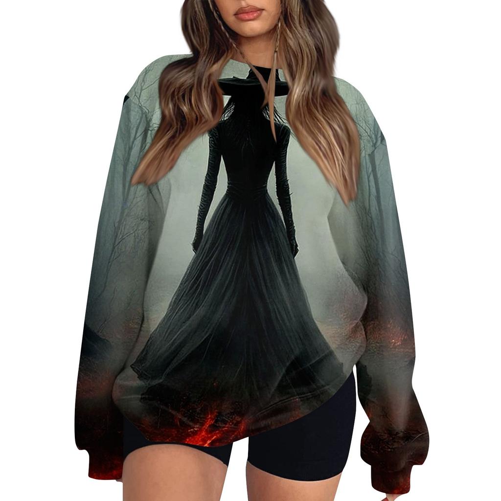 Women's Fashion Casual Long Sleeve Halloween Printed Neck Sweatshirt Top