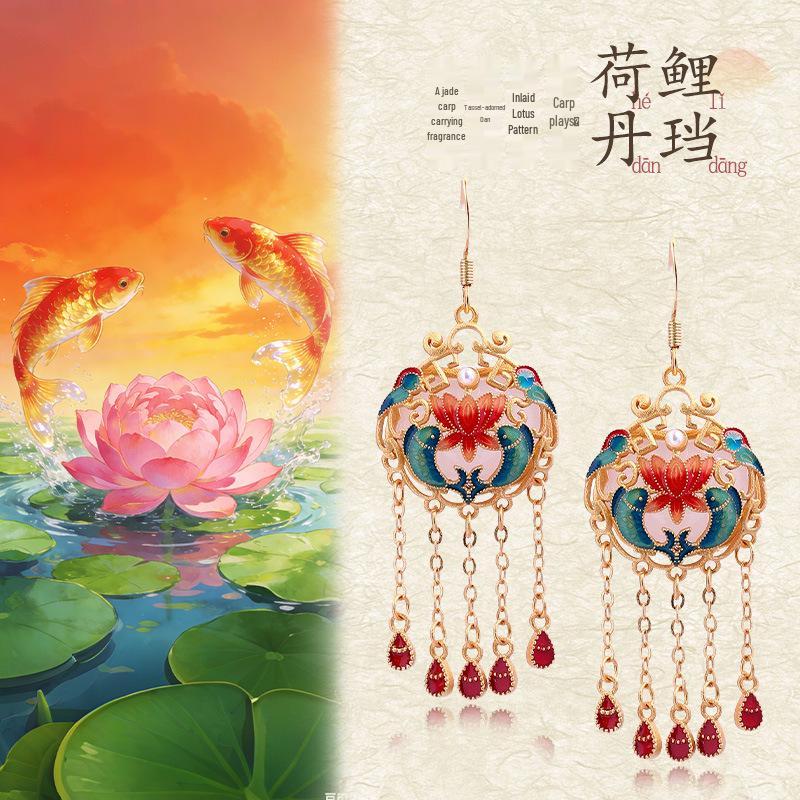 Chinese Palace Style Enamel Fish Earrings with 925 Sterling Silver, Colored Glaze, Imitation Hetian Jade Tassels