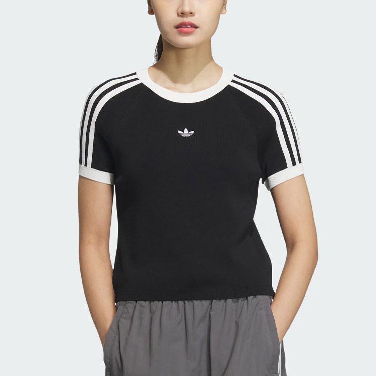 Adidas Originals Knit Sports Slim Fit Crew Neck Short Sleeve T-Shirt Women Tops Black JI7048