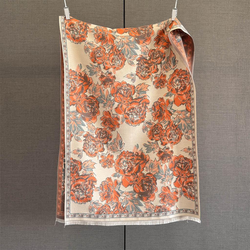 Autumn and Winter Retro Style New Full Print Peony Jacquard Scarf Women's Versatile Warm Scarf Multi-functional Shawl