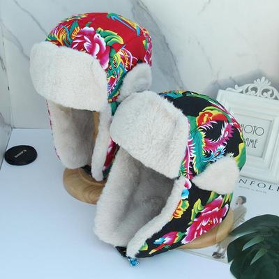 Parent-child Ethnic Style Retro Northeast Cotton Hat Male Big Flower Cloth Children Lei Feng Hat Female Winter Cute Ear Protection Cold Riding