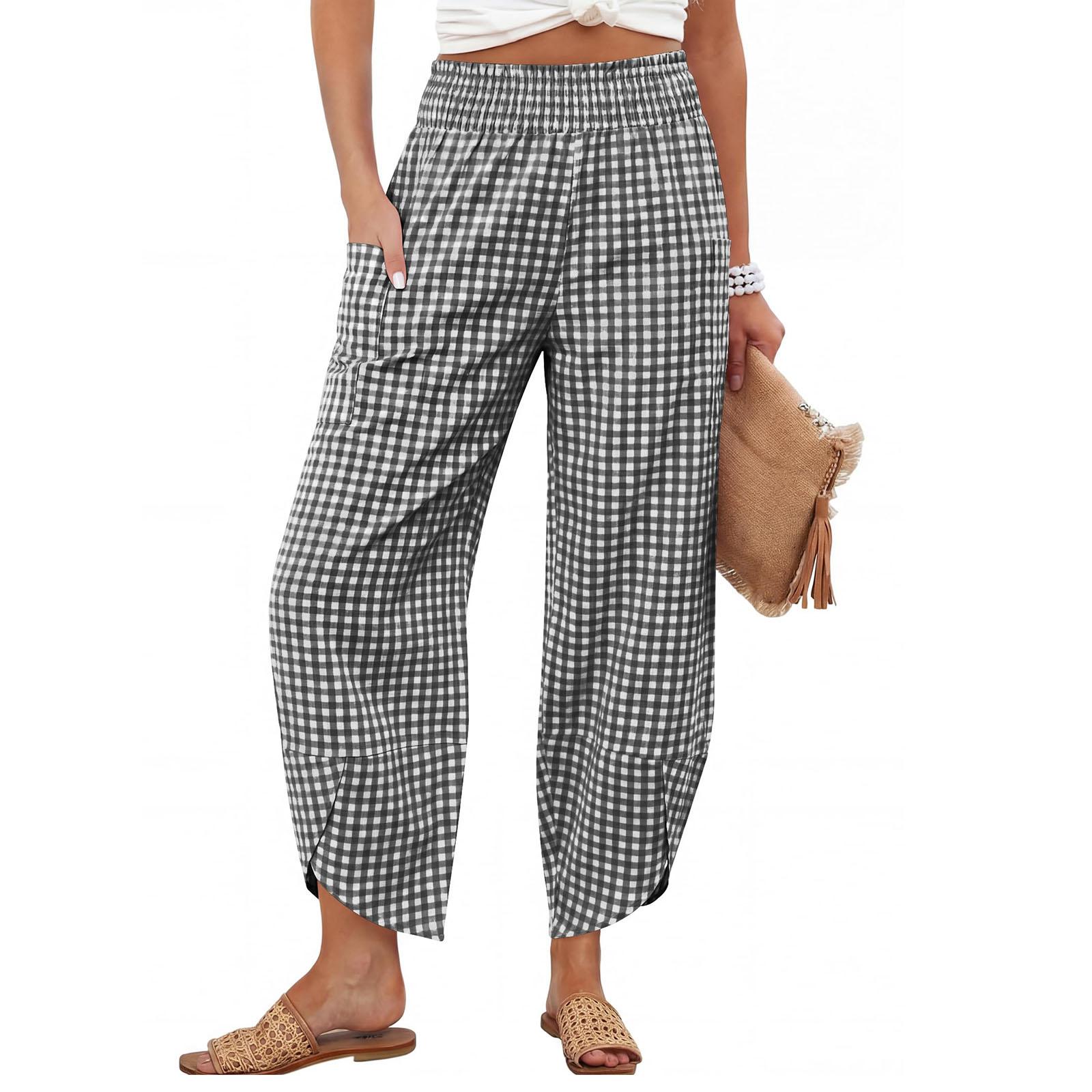 

Women’s Print Wide Leg Pants High Waist Elastic Waistband Loose Fit Casual Trousers with Pockets Lightweight Fabric L чёрный