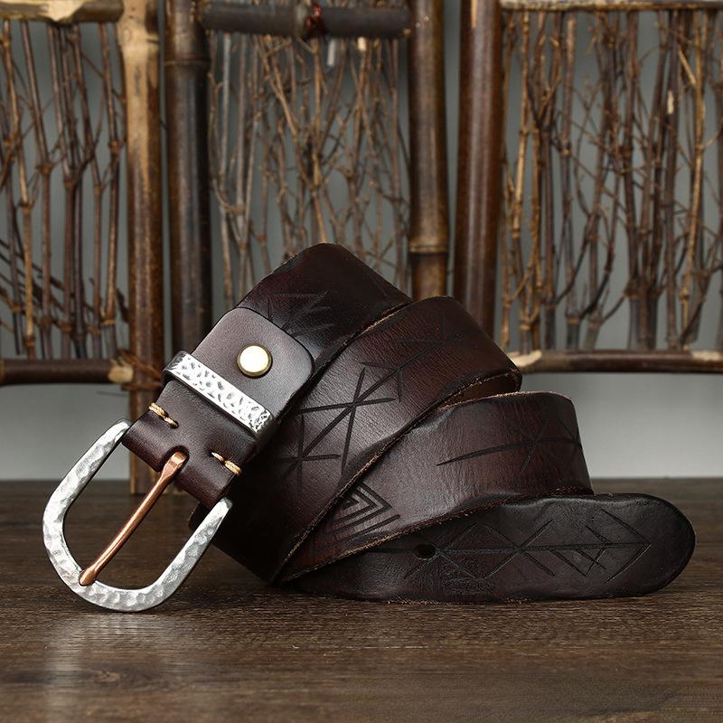 Belt Men's Retro Distressed Carved Top Layer Cowhide Leather Hammered Steel Buckle Korean Style Trendy Jeans Belt