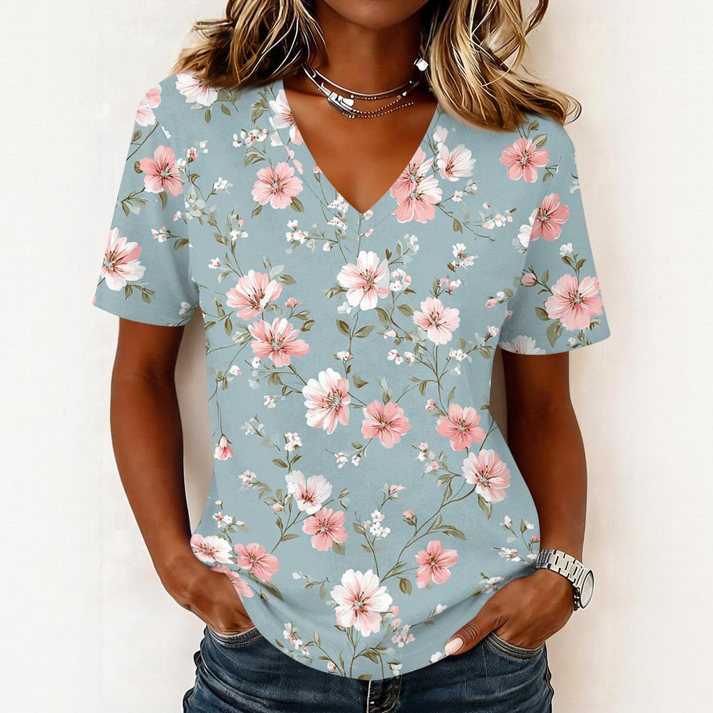 Women's fashionable casual short-sleeved floral print V-neck pullover top