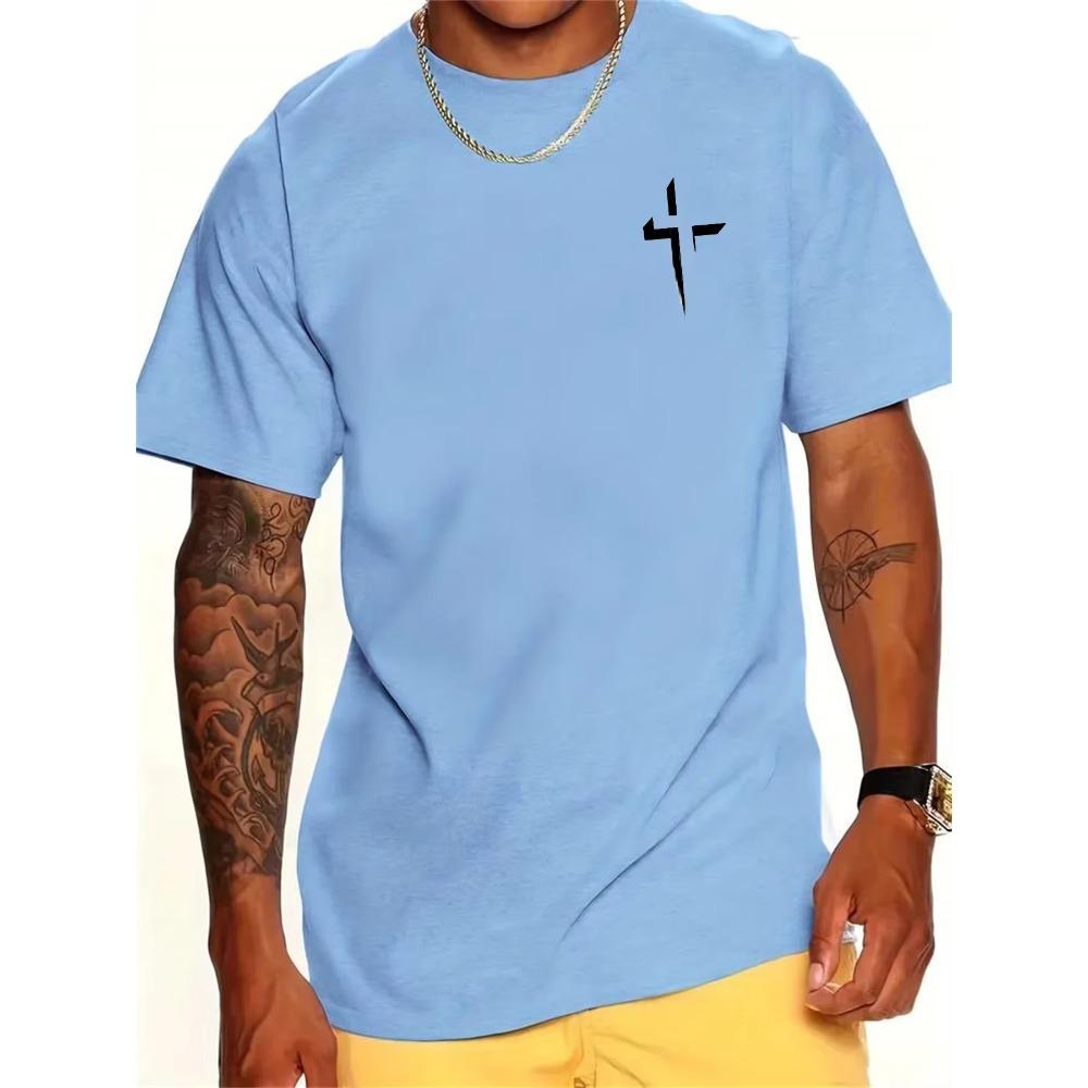 Summer Men's 100% Cotton Casual Loose Large Cross Faith Printed Sports Comfortable Round Neck Short Sleeve T-shirt Top