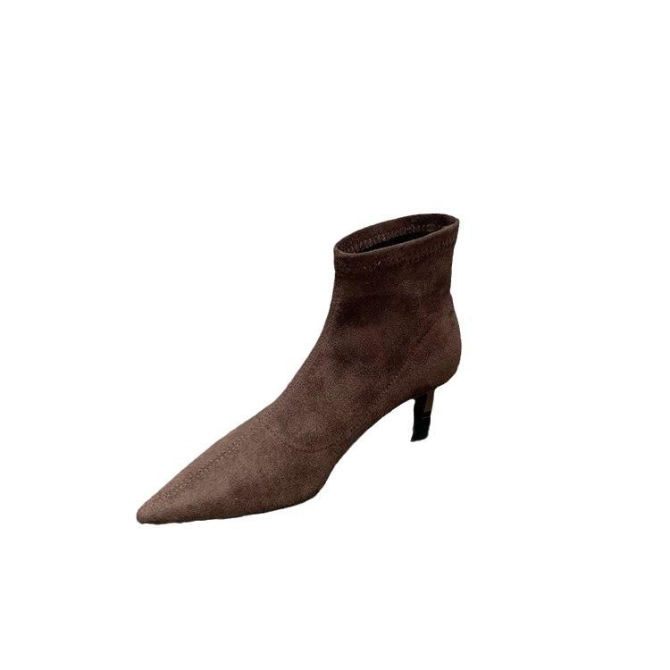 Autumn and winter soft-soled elastic thin boots pointed-toed thin-heeled boots women's short boots small heel versatile black suede single boots