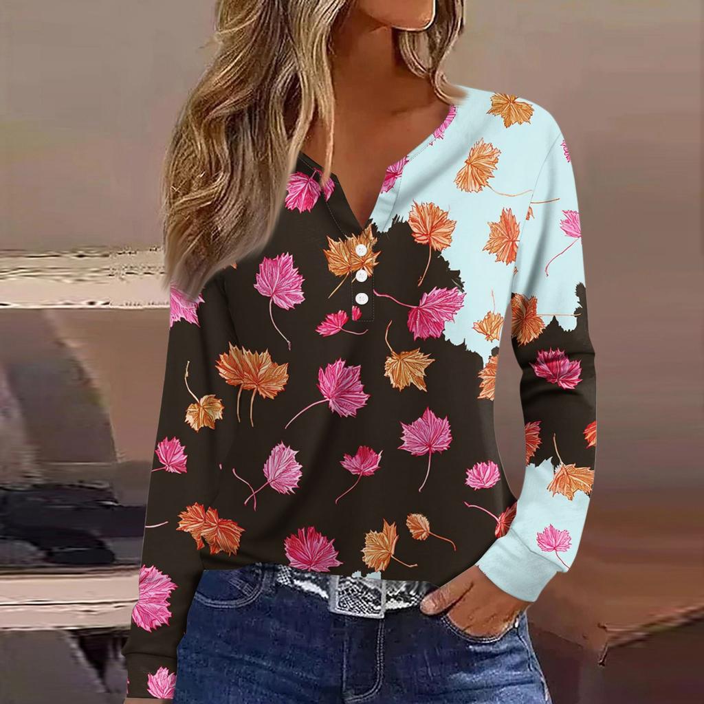 Dámské tričko Tričko Knoflíček Dlouhý rukáv Denní víkendová móda Basic Top s výstřihem do V