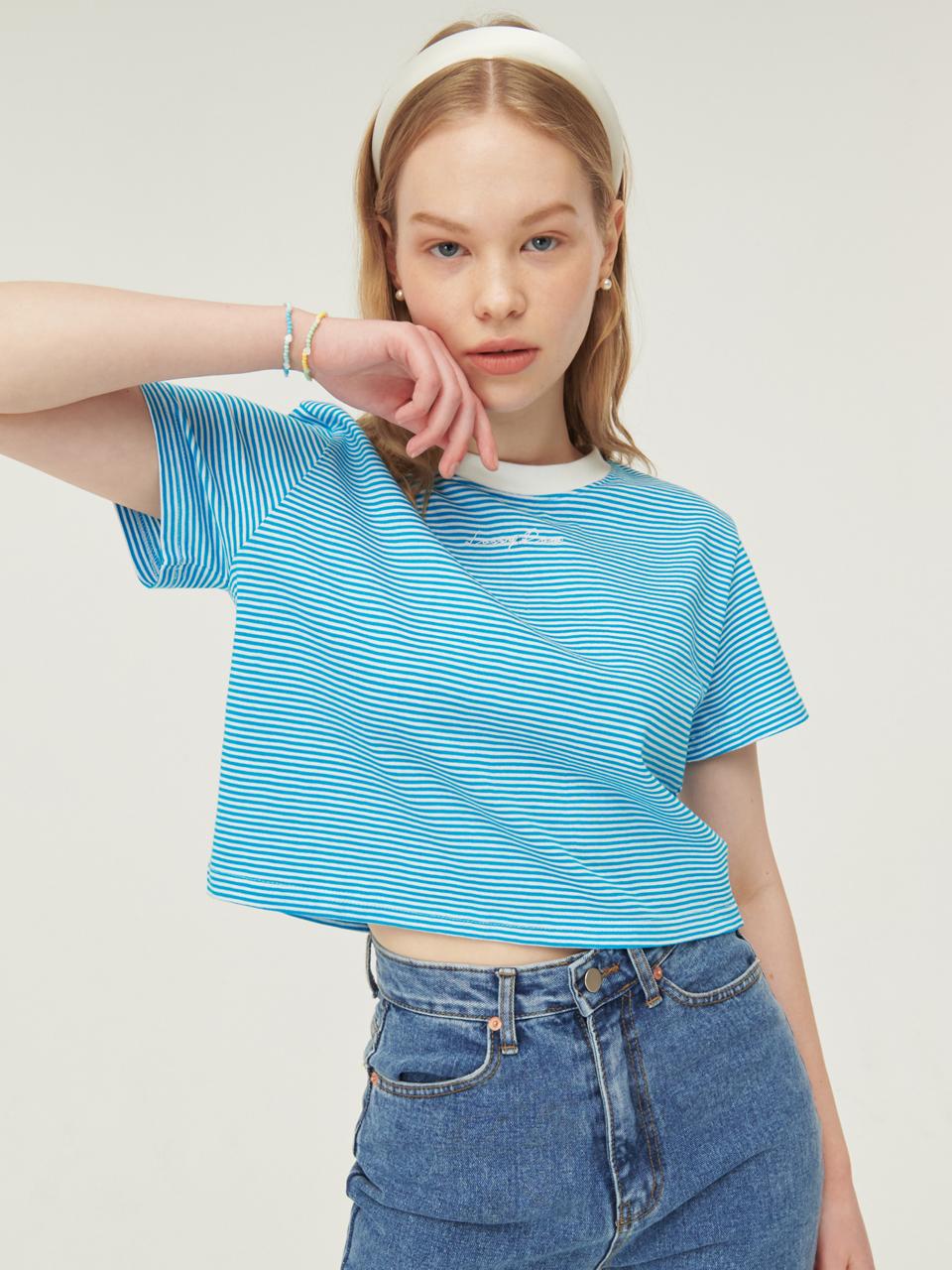 Rosiro Stripe Crop Half Sleeve T-Shirt [Blue] Free