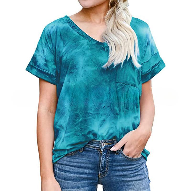 

Футболка весна-лето с V-образным вырезом, карманом и подвернутым краем, с короткими рукавами, свободный верх для женщин, футболки для женщин 5XL озеро синий