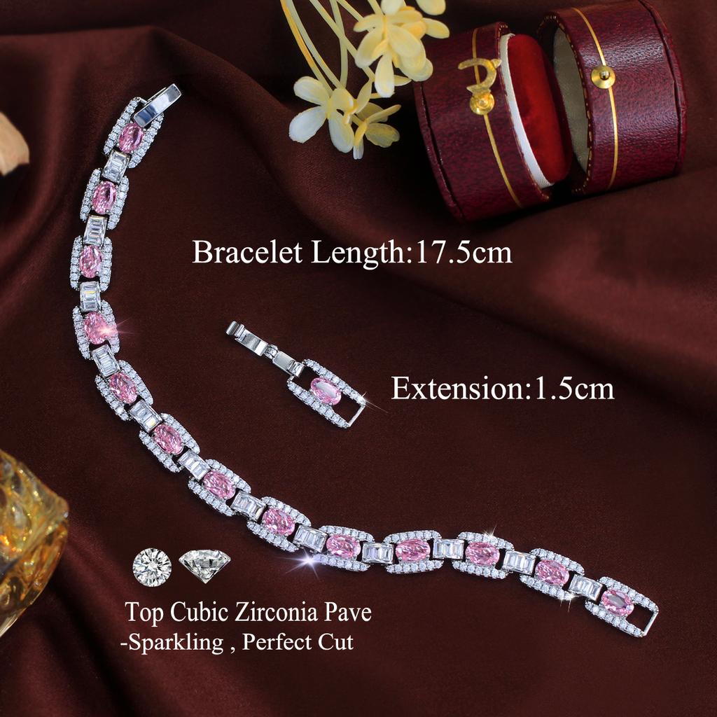 High Quality Romantic Pink Cubic Zirconia Stone Chic Luxury Cuban Chain Link Bracelets for Women CZ Party Engagement Jewelry