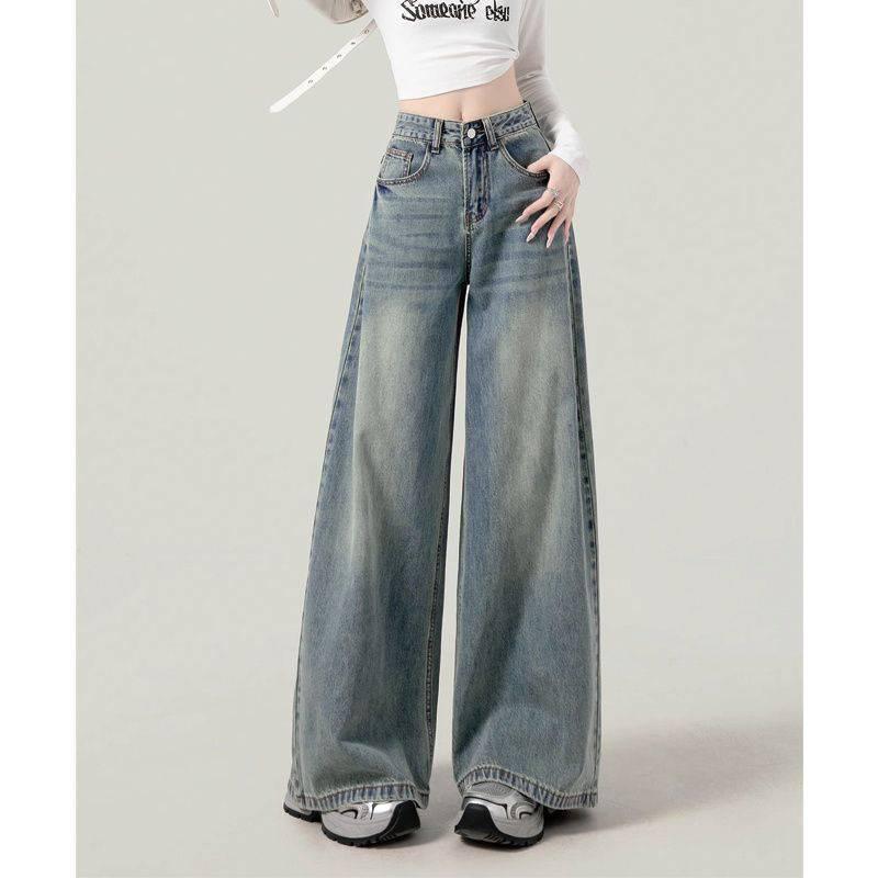 

American Retro High-Waist Wide-Leg Denim Jeans for Women - Slimming, Stylish, Distressed, Floor-Length, Autumn Trend. 2XL