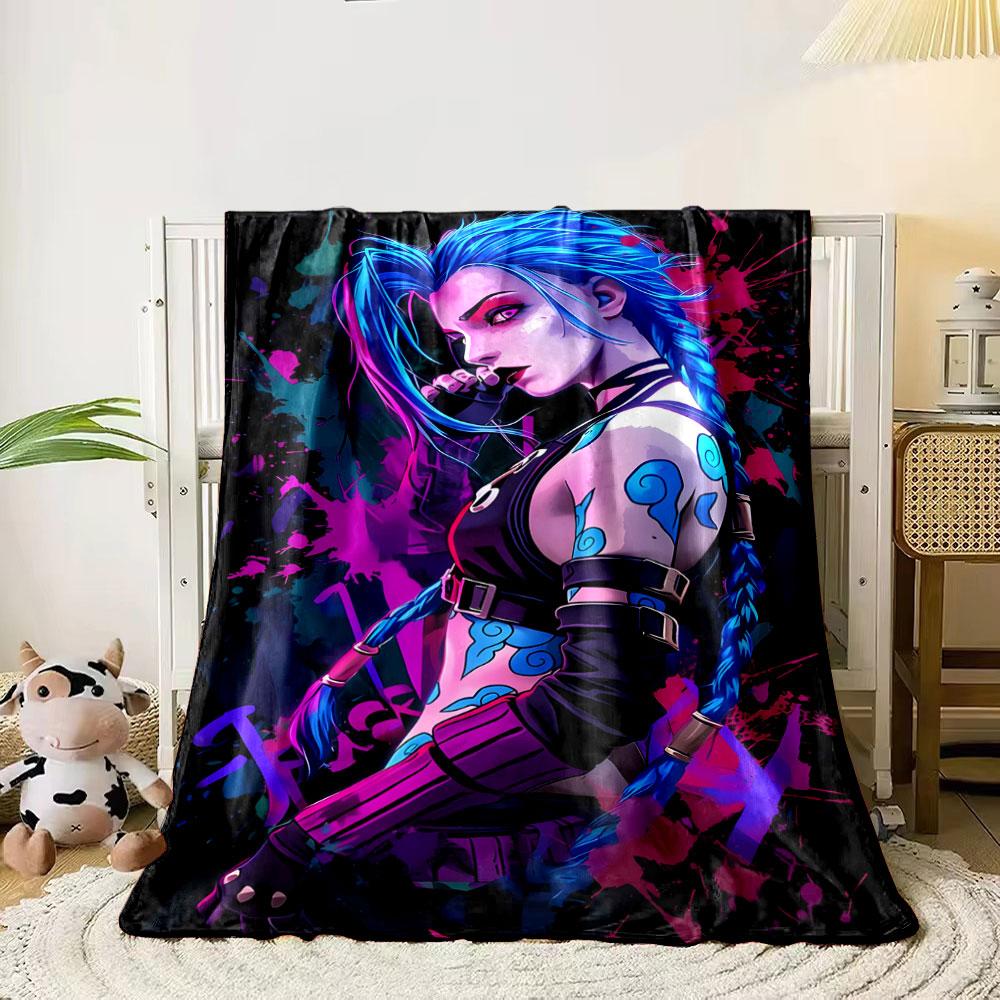 

Blue hair, glowing tattoos, edgy outfit, colorful splatter background. for all seasons blanket lunch break throw gift 80cm x 120cm